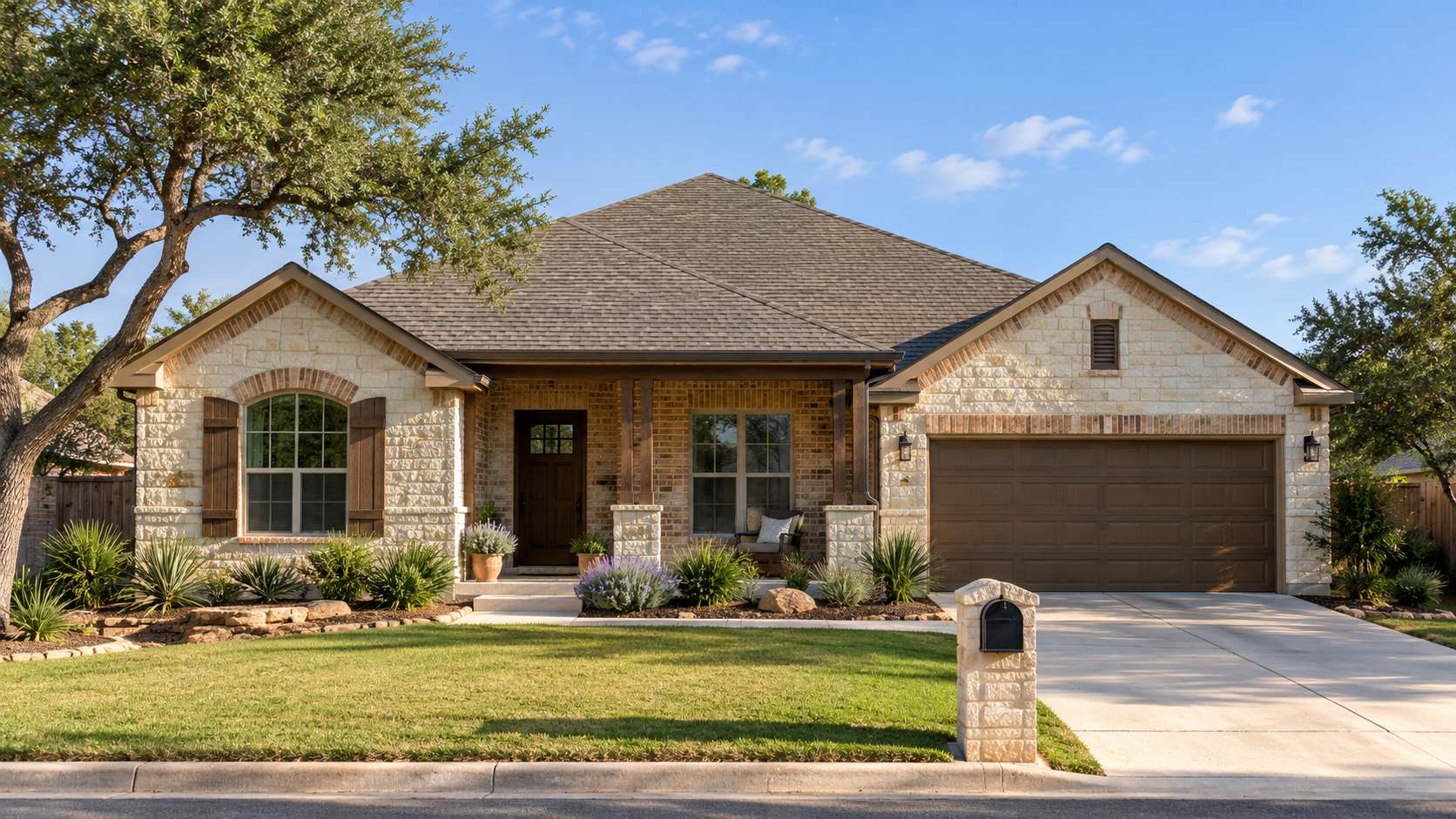 Illustration of a limestone-and-brick San Antonio home with a shaded front porch, mailbox and potted Texas sage.