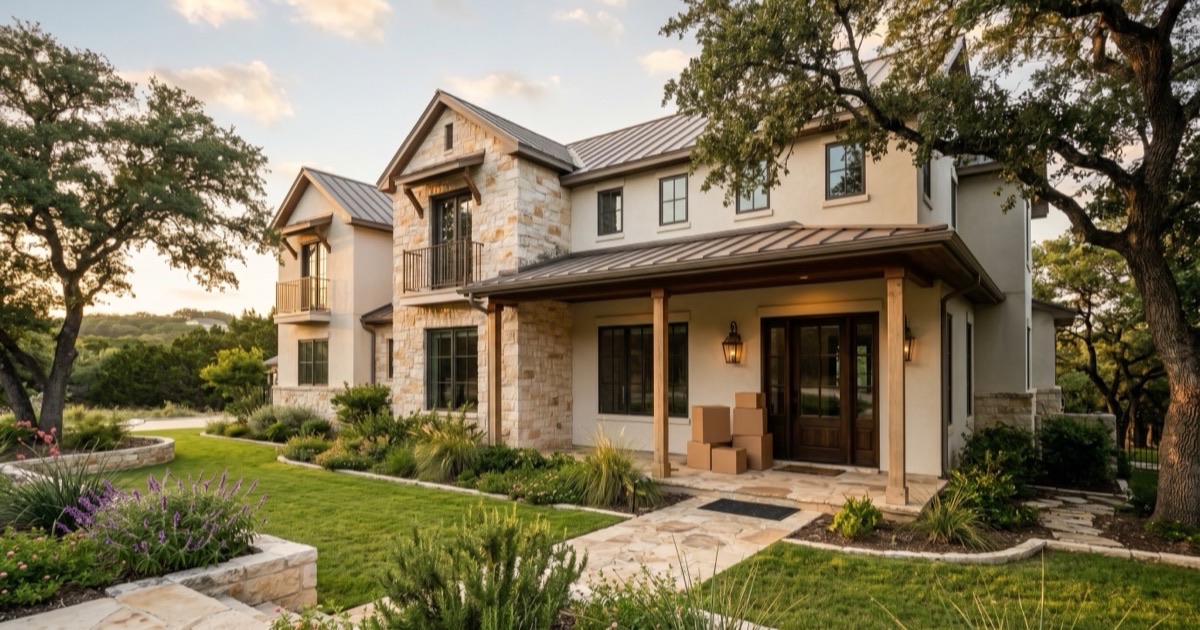Elegant two-story San Antonio Hill Country move-up home at golden hour with a few moving boxes by the front door