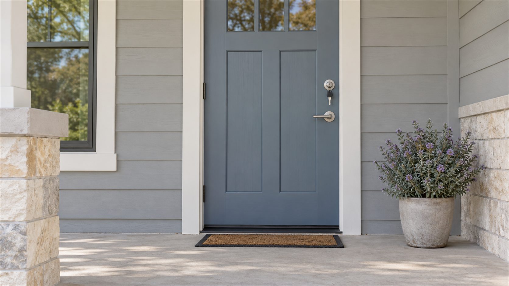 Illustration of a blue front door with a key, plain doormat and potted Texas sage beside pale limestone porch walls.