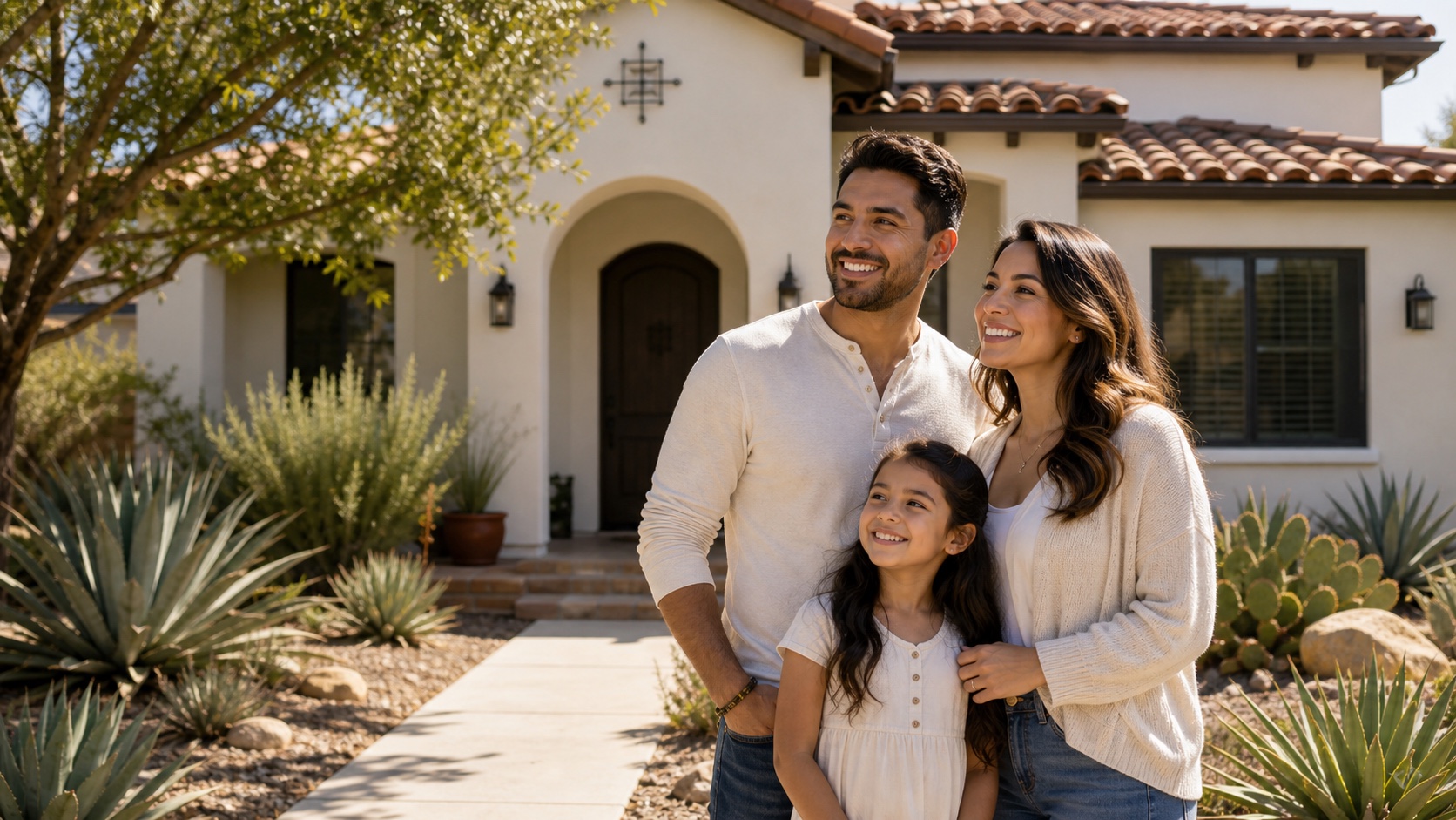 Latino family outside a San Antonio-style home for ITIN mortgage buyers without a Social Security Number