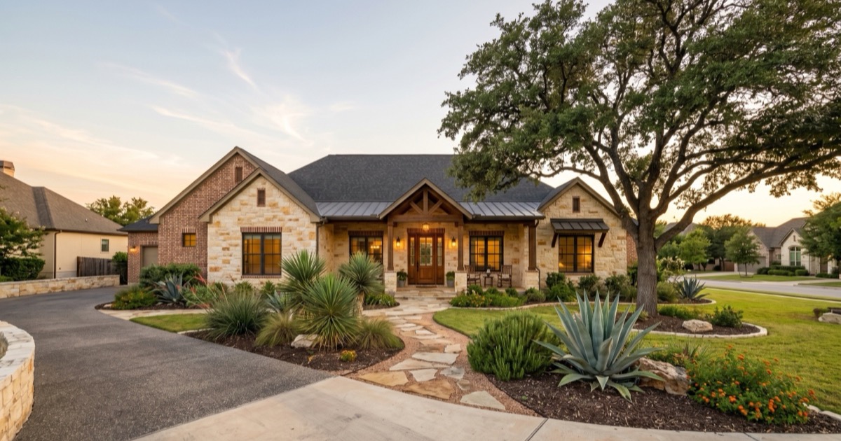 Welcoming single-story San Antonio limestone-and-brick home at golden hour — the kind of home a mortgage pre-approval helps you buy