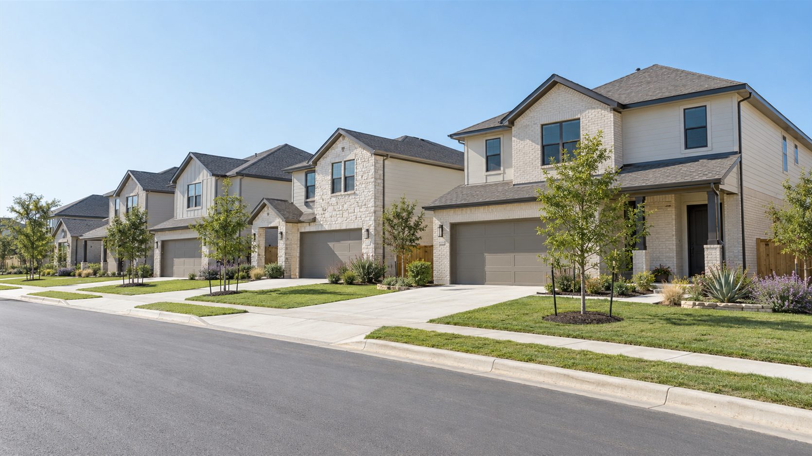 Illustration of San Antonio-style new two-story homes with pale brick, young trees and lawns along a quiet street.