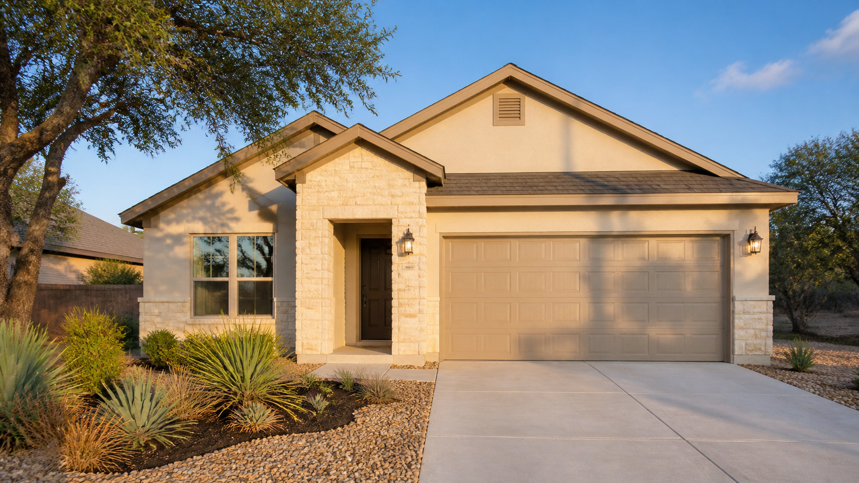 Newly built San Antonio-style home with limestone, stucco, and drought-tolerant landscaping