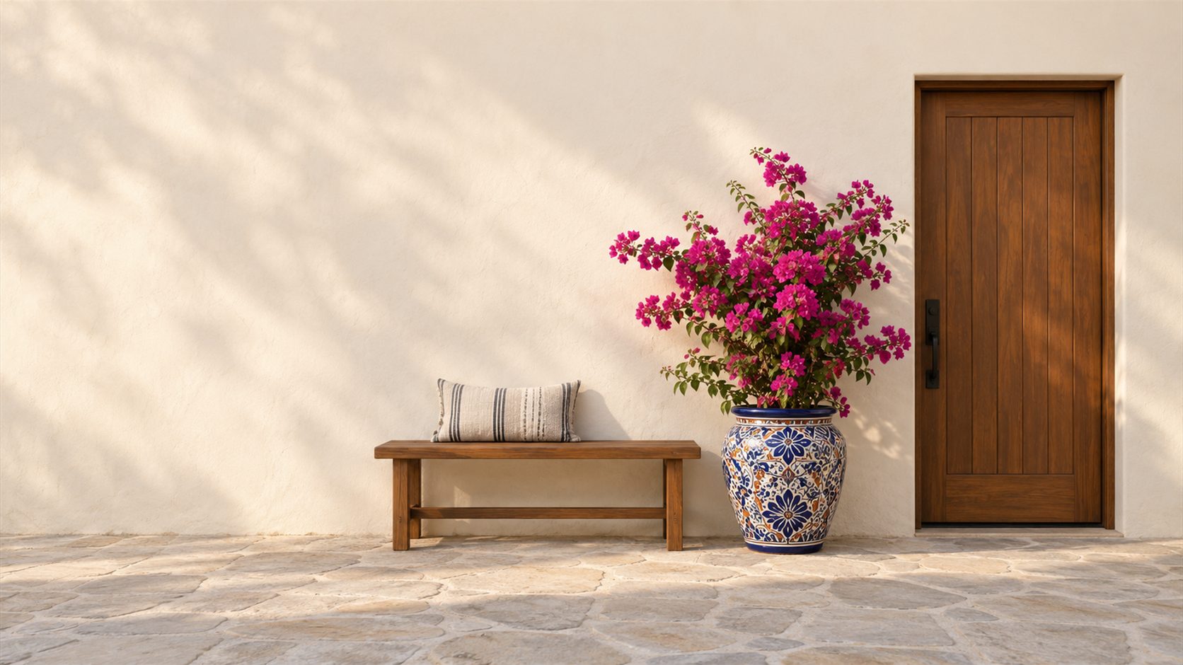 Illustration of a San Antonio-style stucco entry with a talavera planter, wooden bench and pink bougainvillea.
