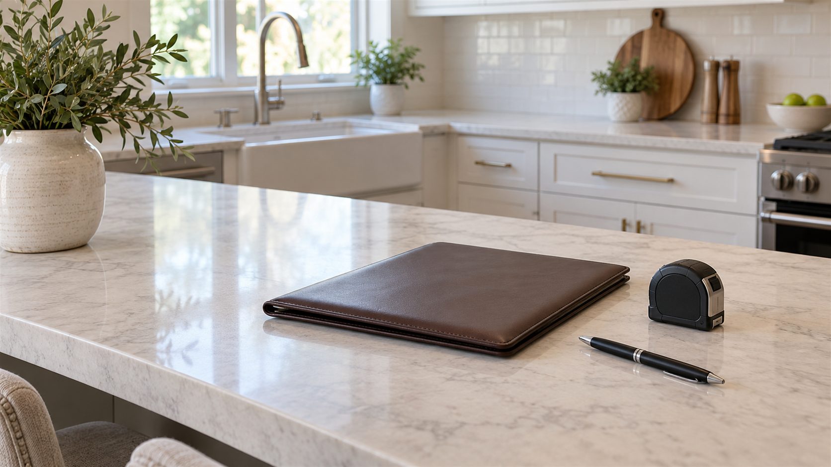 Illustration of a closed leather folder, pen and measuring tape on a bright kitchen island in an empty staged home.