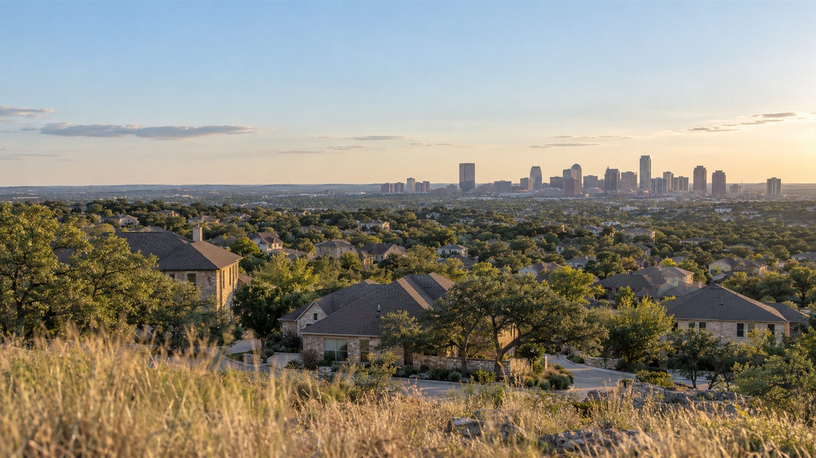 Illustration of a San Antonio-style neighborhood with rooftops, live oaks and a distant skyline beneath a pale sky.