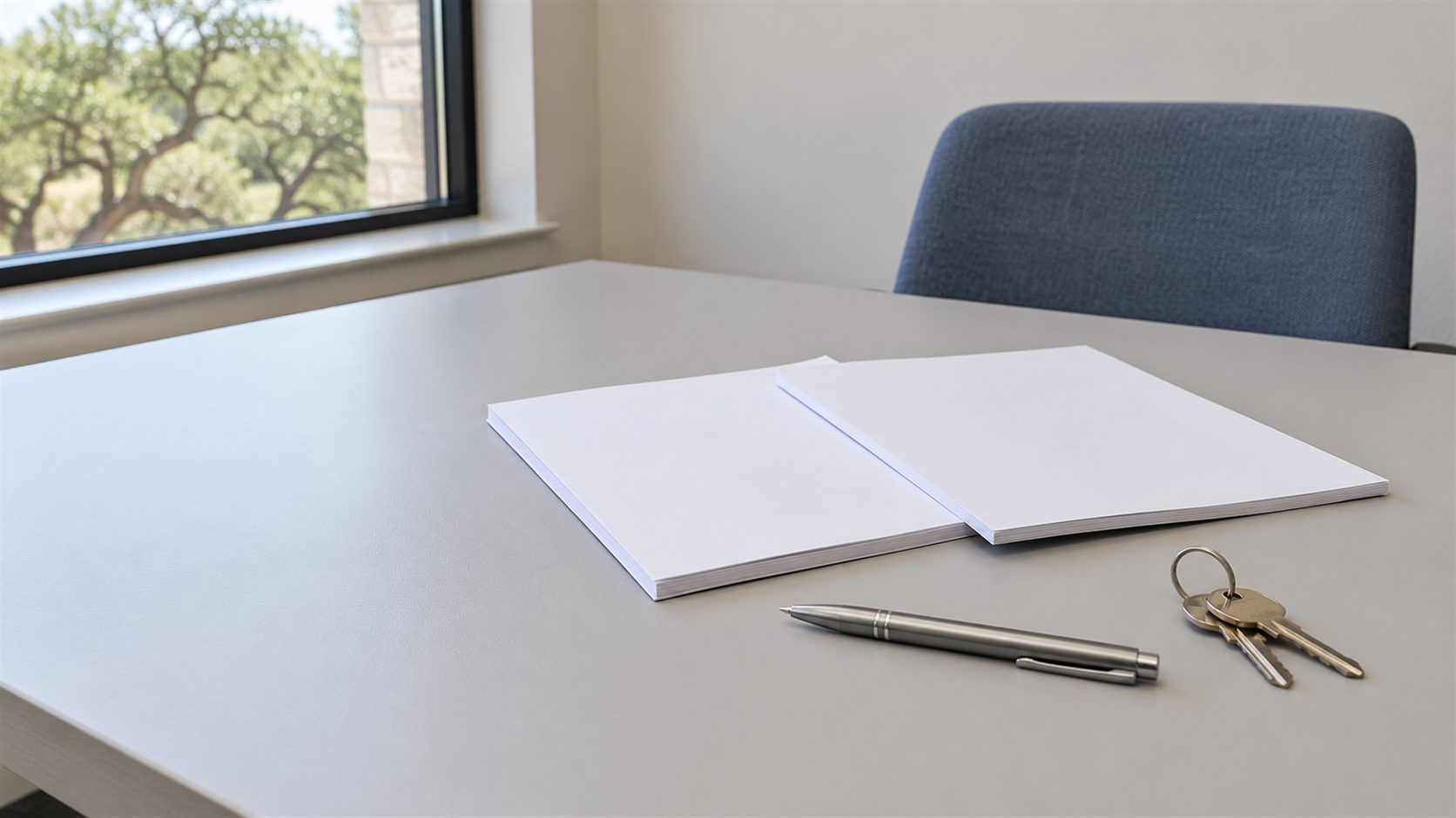 Illustration of blank closing papers, a silver pen and house keys on a gray table in a bright closing office.
