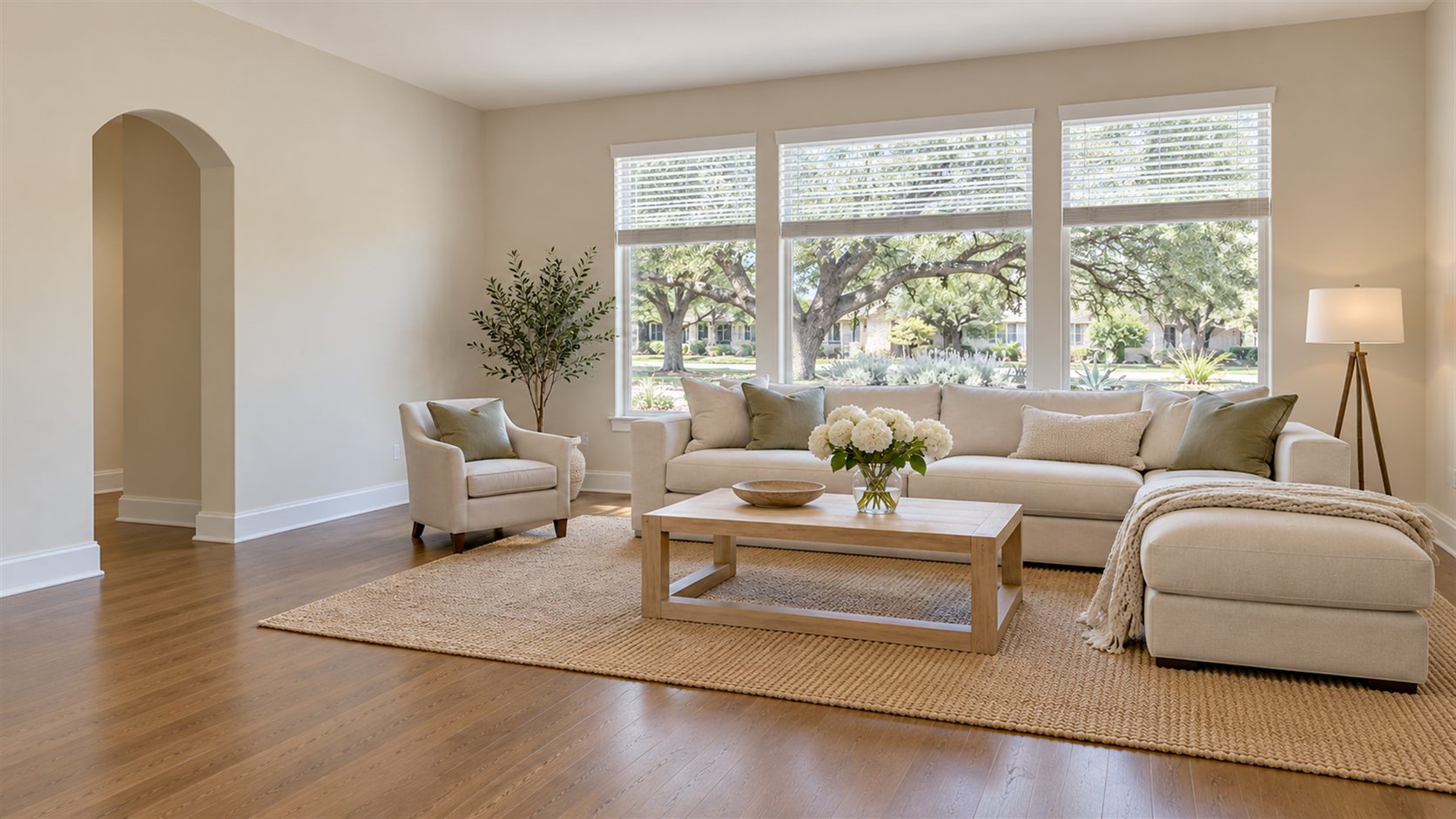 Illustration of a bright staged living room with neutral seating, white flowers and open blinds facing a green yard.
