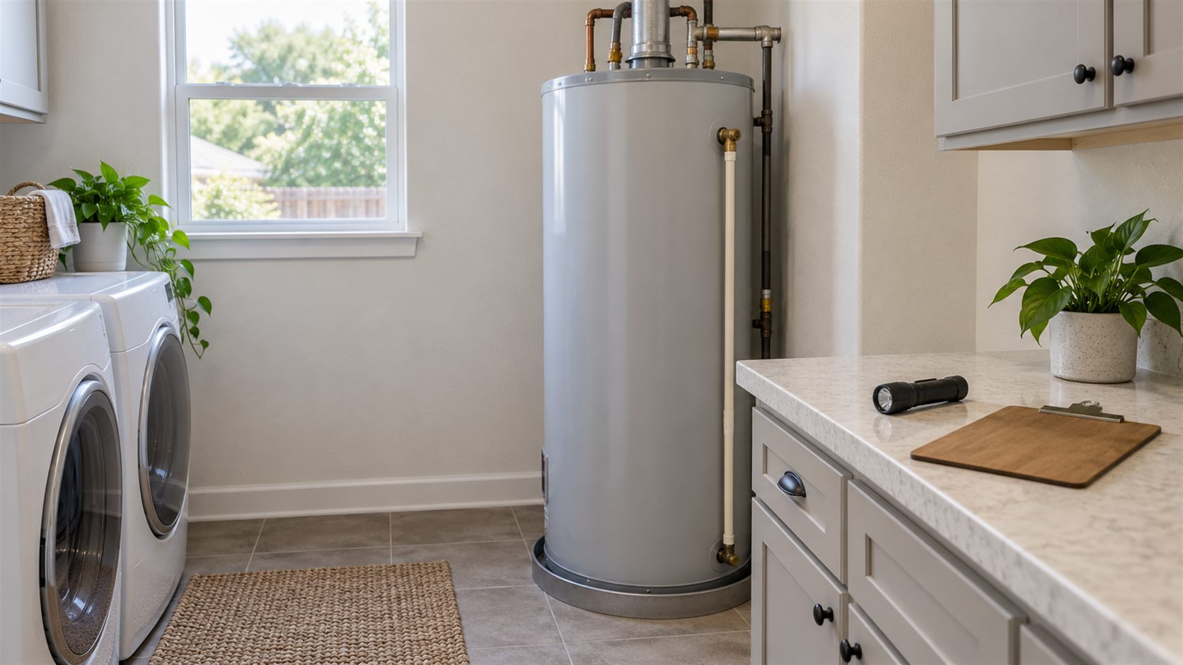 Illustration of a clean laundry room with a plain water heater, flashlight and the blank back of a closed clipboard.