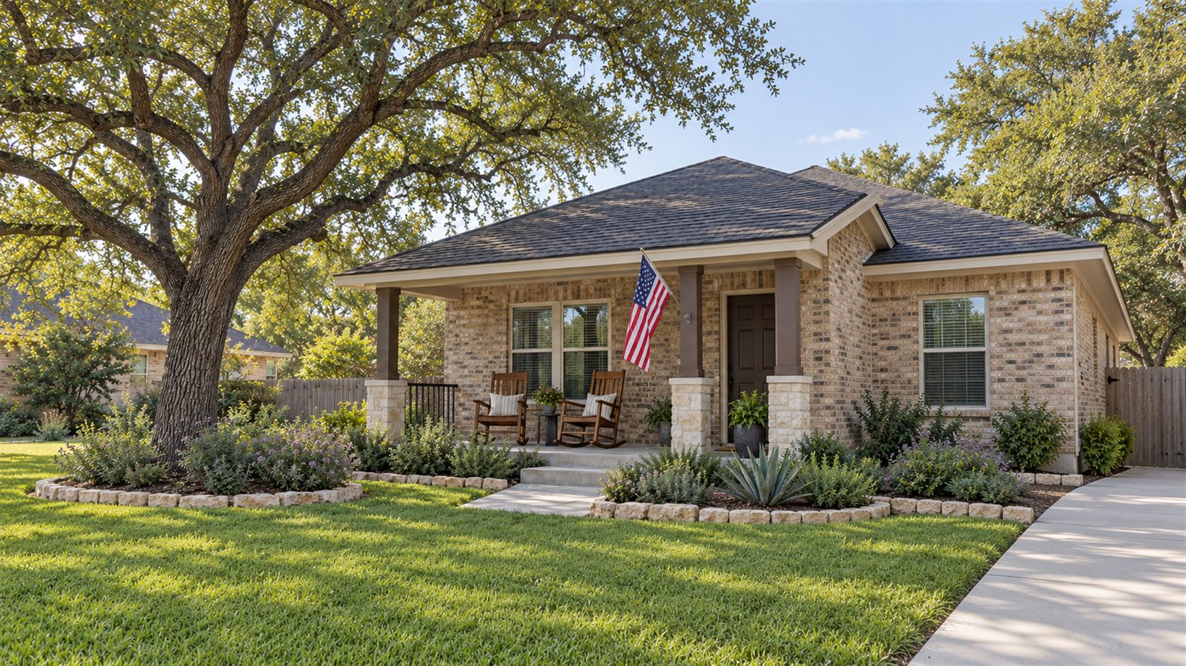 Illustration of a modest brick porch with an American flag, two wooden rocking chairs and a mature Texas live oak.