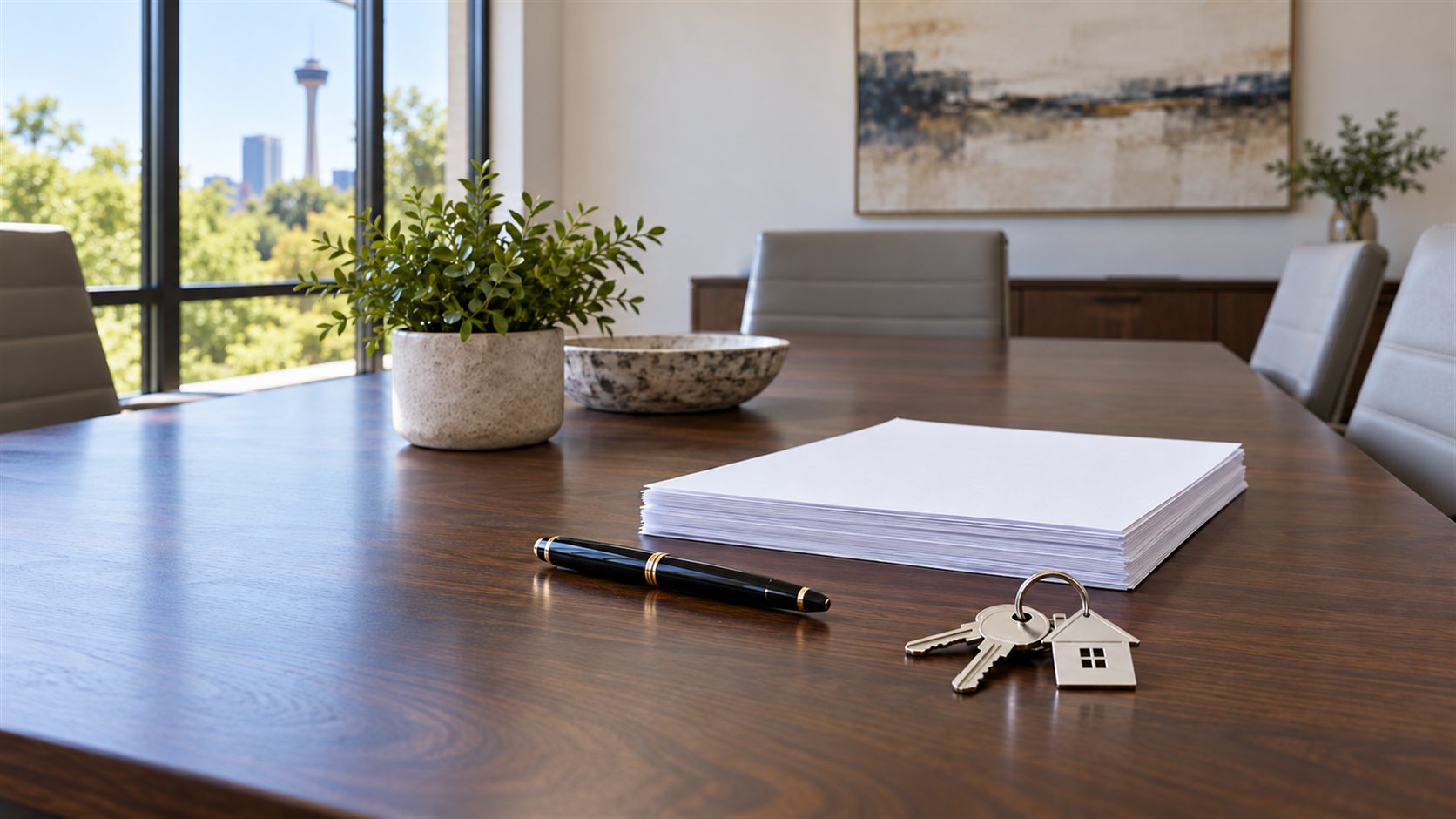 Illustration of a title office table with face-down papers, a fountain pen, house keys and a house-shaped keychain.