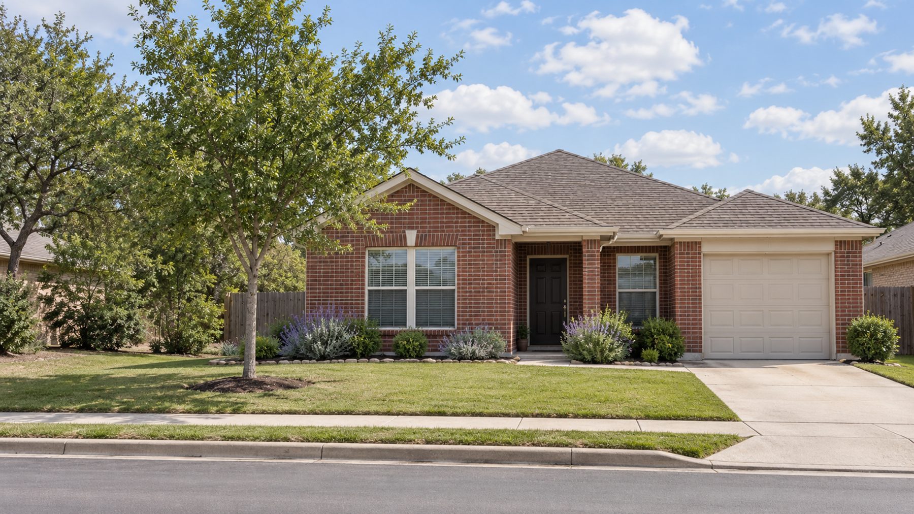 Single-story brick starter home with an attached garage and a small front lawn