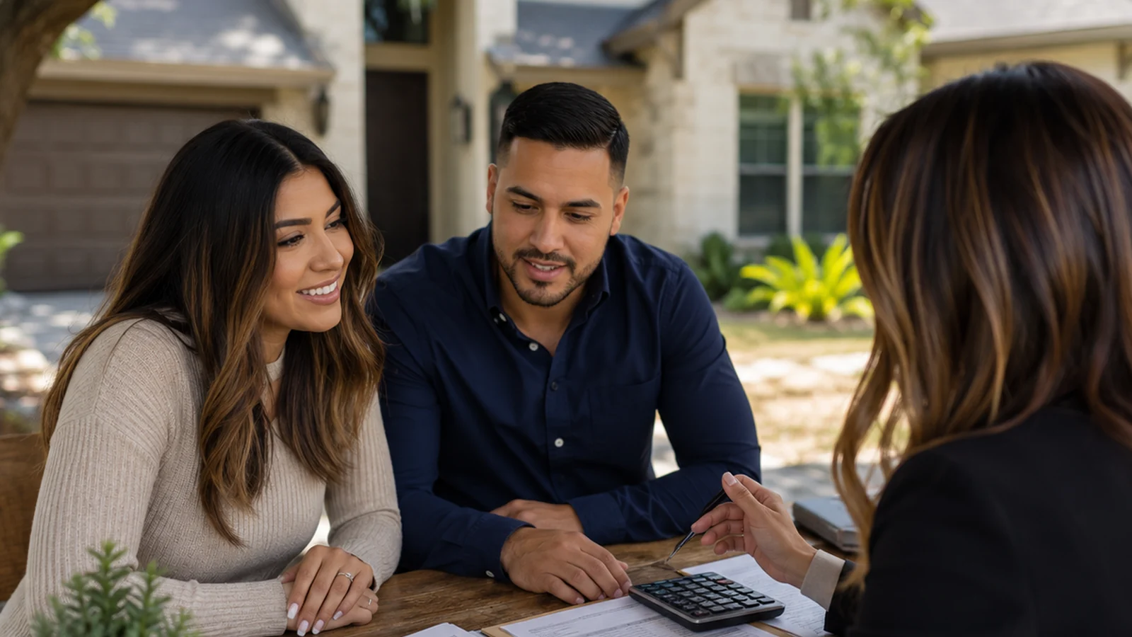 rent versus buy planning with calculator and home exterior background