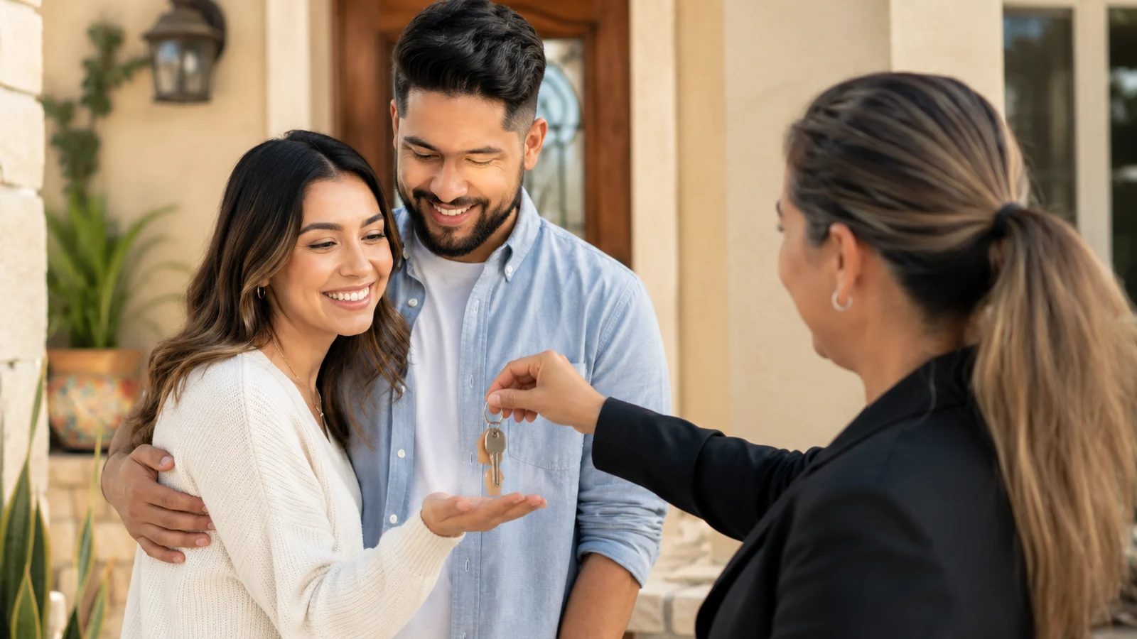 first-time buyer receiving keys outside a warm San Antonio style home