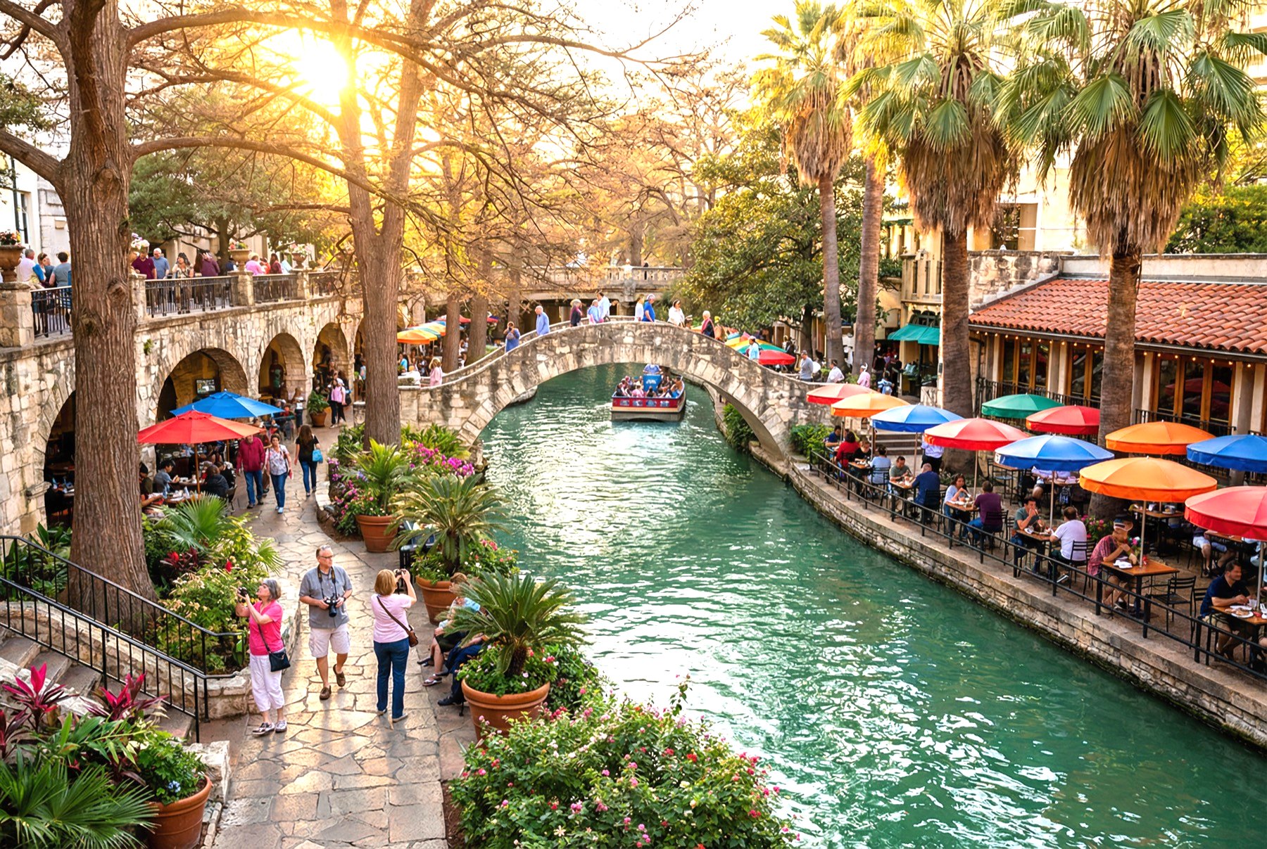 San Antonio River Walk at golden hour with cypress trees and restaurant umbrellas